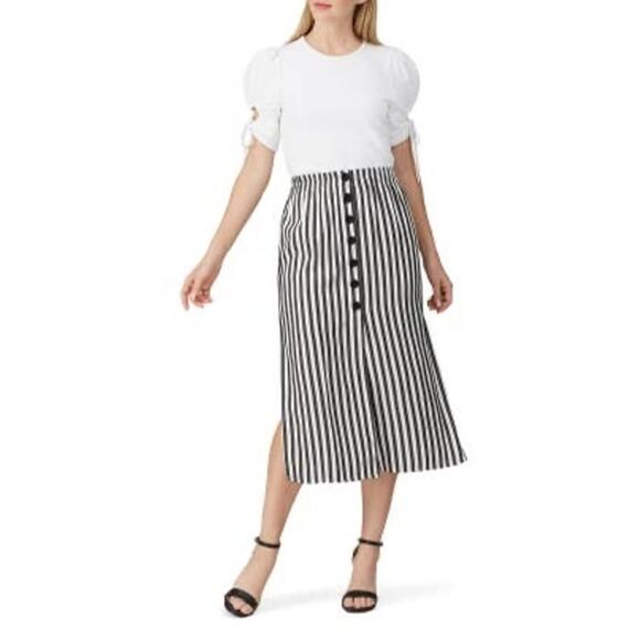 CUPCAKES AND CASHMERE Sandrine Black White Striped Side Slits Midi Skirt Size 2 - Picture 1 of 9